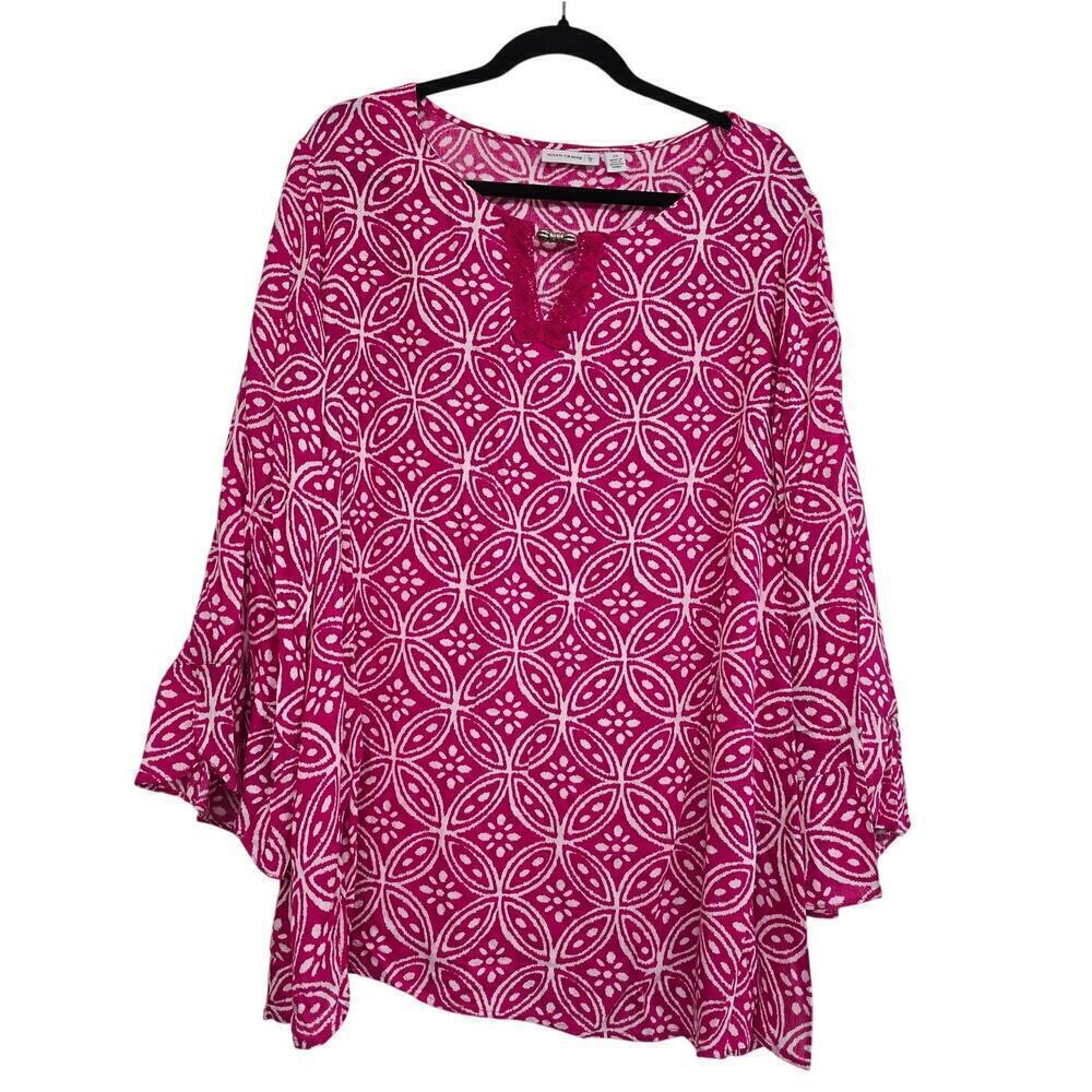 Women's Plus Size 2X Tunic Blouse Pink Geometric Print Flared 3/4 Sleeves Boho